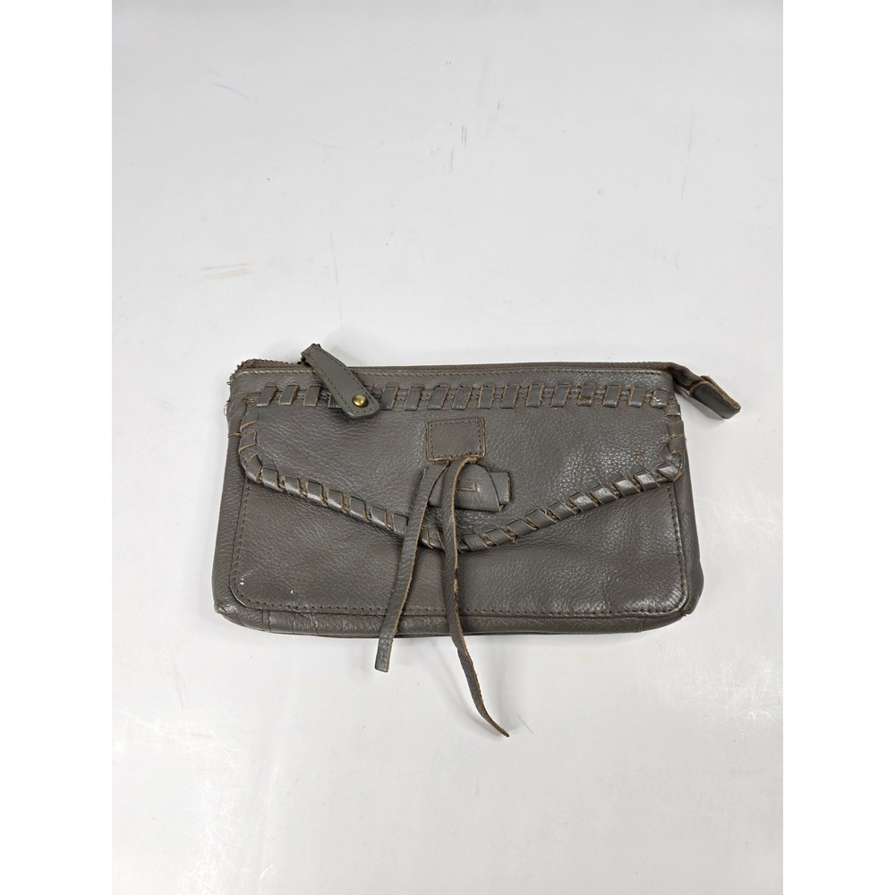 Lucky Brand Leather Clutch Crossbody Bag Woven Trim Gray Small
